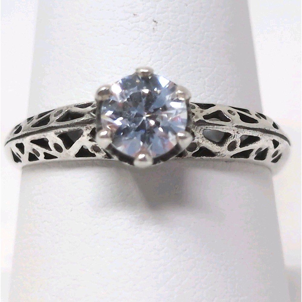 925 Sterling Silver Filigree Openwork Solitaire Ring Clear Round Stone Size 8.5
